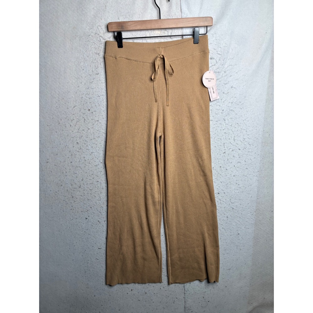 Nanette Lepore Tan Ribbed Knit Wide Leg Pants Drawstring Two Piece Set Small NEW
